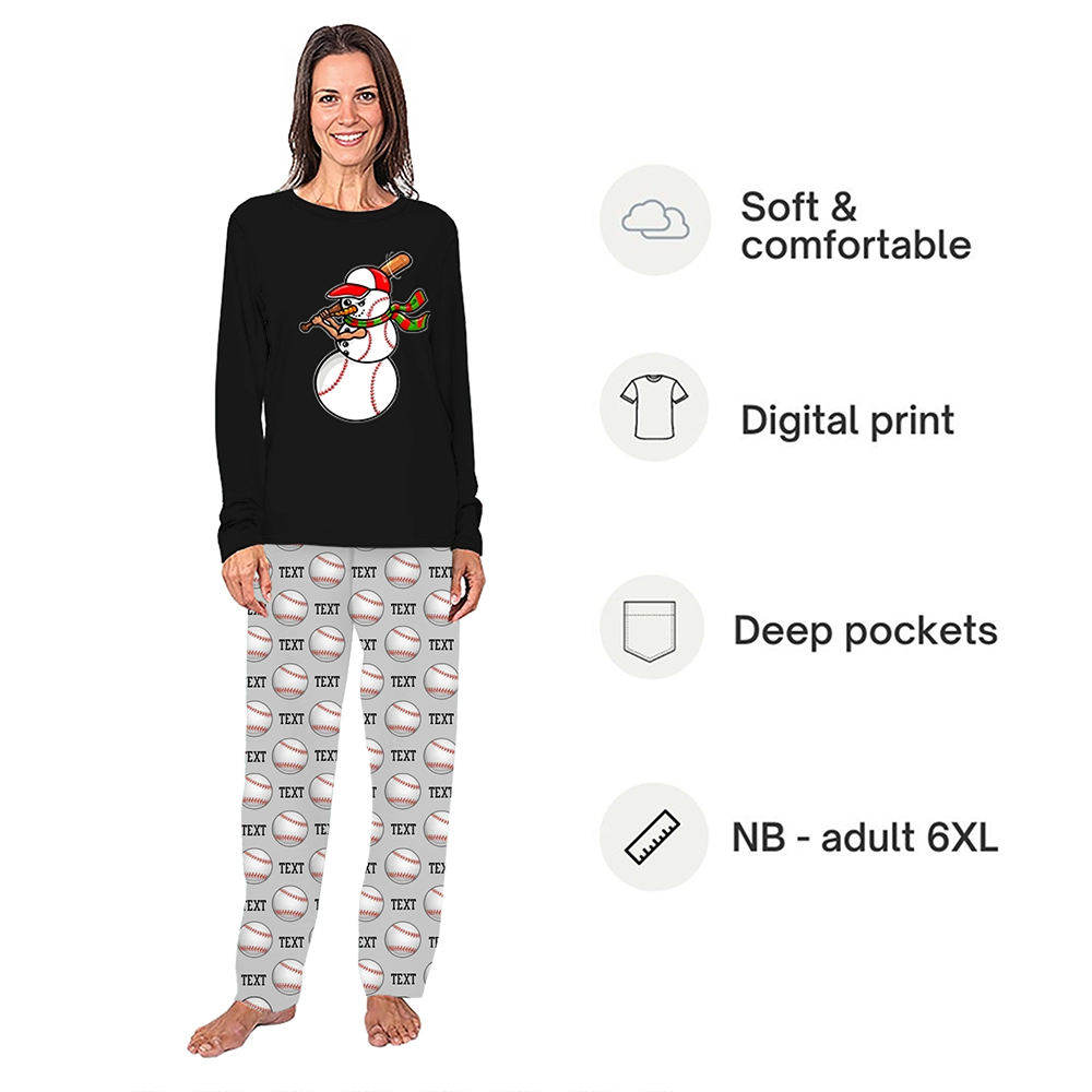 Black Baseball Snowman with Text Custom Holiday Pajamas Black Baseball Snowman with Text Custom Holiday Pajamas