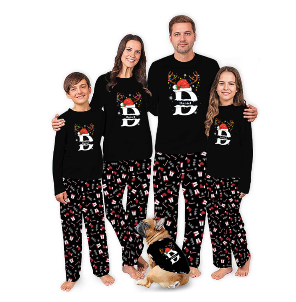 Black Personalized Matching Family Christmas Pajamas With Names And Initial