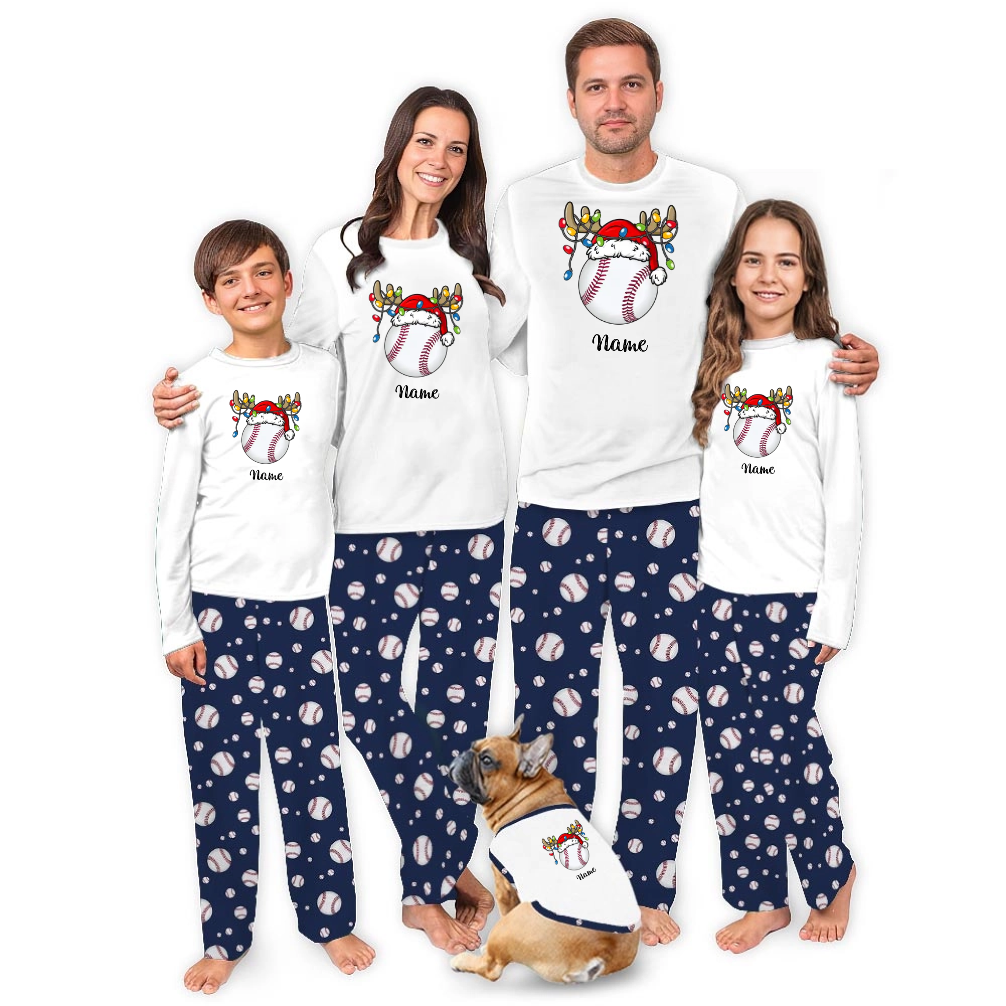 Baseball with Reindeer Hat and Name Custom Matching Christmas Pajamas
