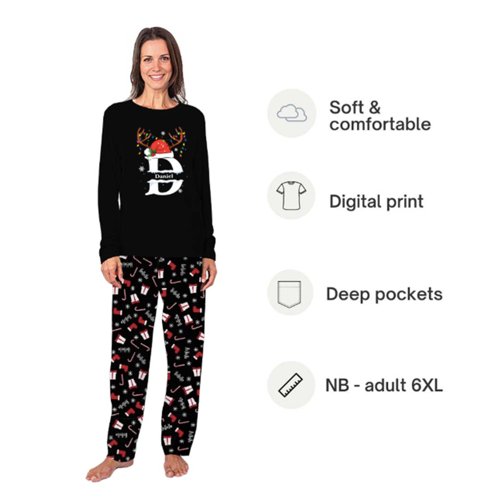 Black Personalized Matching Family Christmas Pajamas With Names And Initial