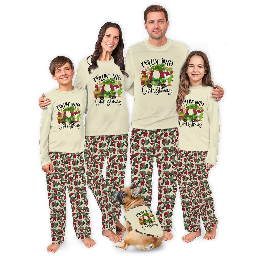 Rolling Into Christmas Quote with Camouflage Theme Pajamas Matching Rolling Into Christmas Quote with Camouflage Theme Pajamas Matching
