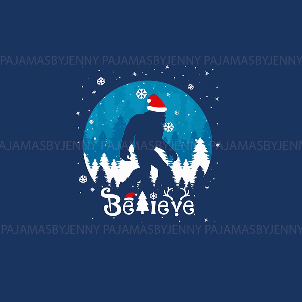 Bigfoot wearing Xmas Hat Believe Matching Pjs Family Christmas