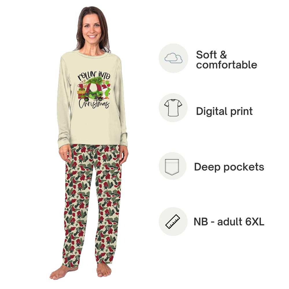 Rolling Into Christmas Quote with Camouflage Theme Pajamas Matching Rolling Into Christmas Quote with Camouflage Theme Pajamas Matching