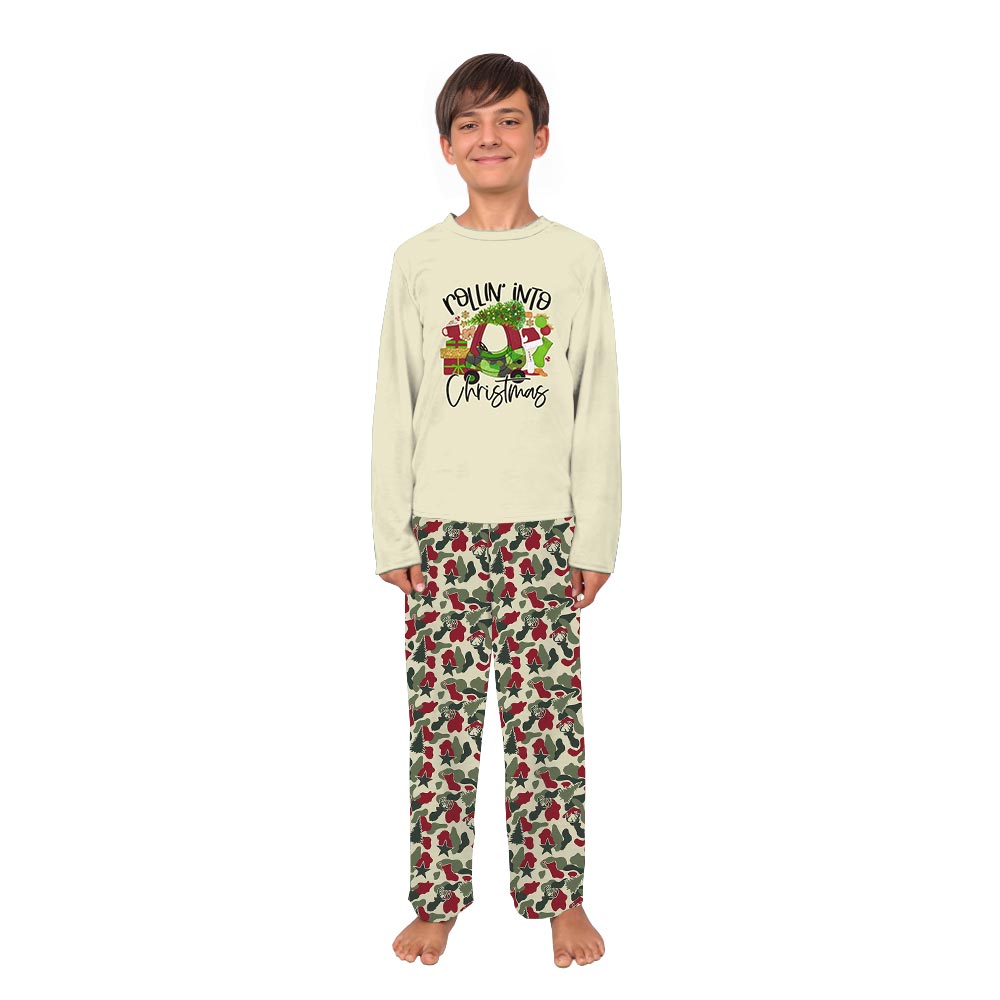 Rolling Into Christmas Quote with Camouflage Theme Pajamas Matching Rolling Into Christmas Quote with Camouflage Theme Pajamas Matching