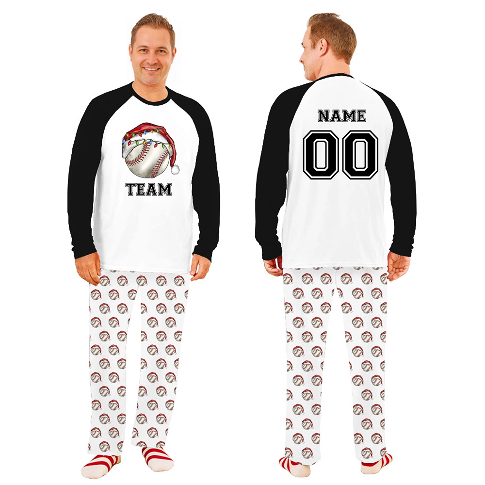 Baseball Christmas Hat with Name and Number Custom Plus Size Family Pajamas Baseball Christmas Hat with Name and Number Custom Plus Size Family Pajamas