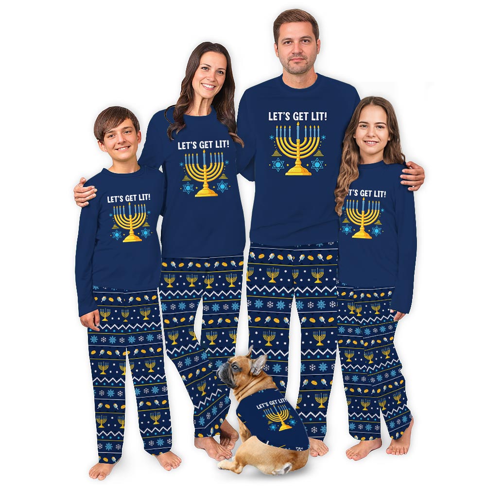 Navy Let Get Lit Hanukkah Festival Matching Pajamas With Dog Navy Let Get Lit Hanukkah Festival Matching Pajamas With Dog