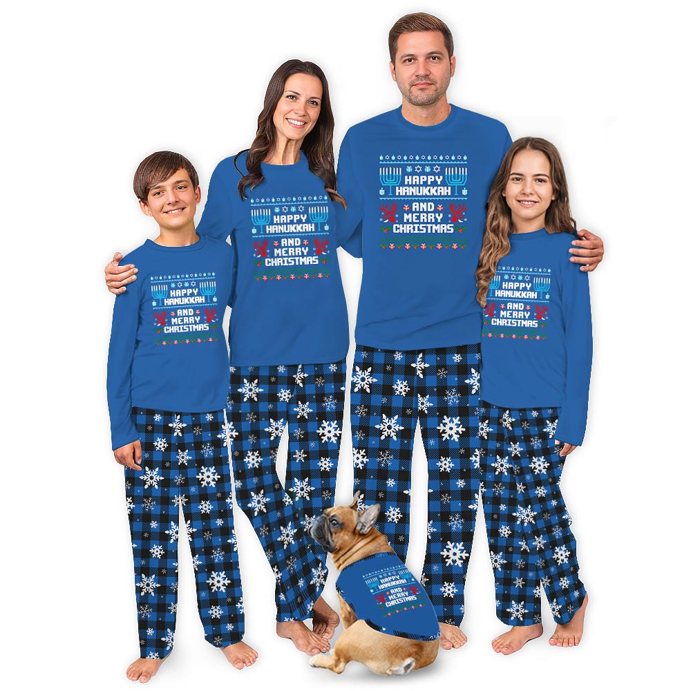 Blue Happy Hanukkah and Merry Christmas Quote Plus Size Family Pjs
