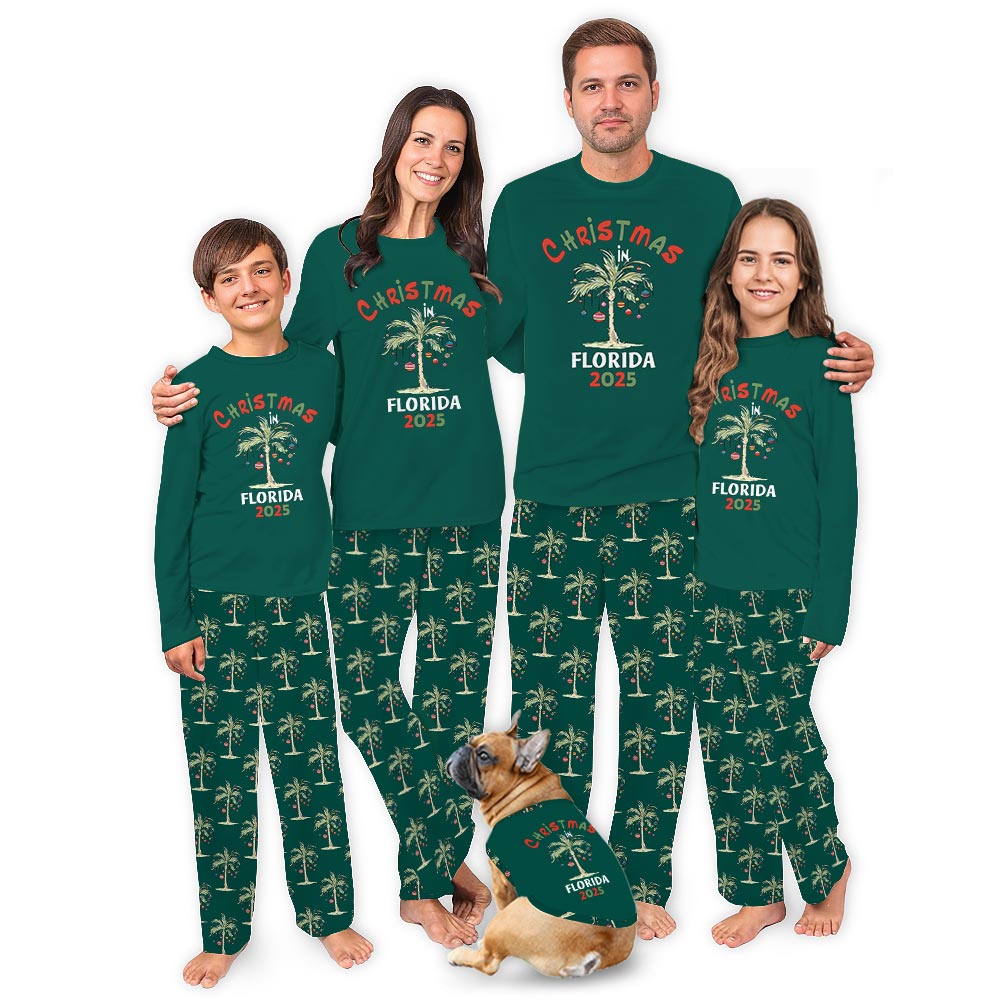 Tropical Palm Tree Christmas Family Matching Pajamas with Custom Text Tropical Palm Tree Christmas Family Matching Pajamas with Custom Text
