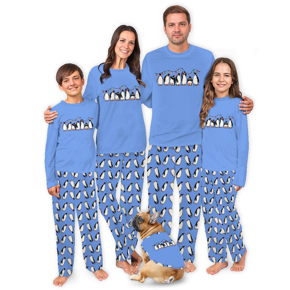 Blue Penguin with Xmas Lights Christmas Pajamas Dog And Owner