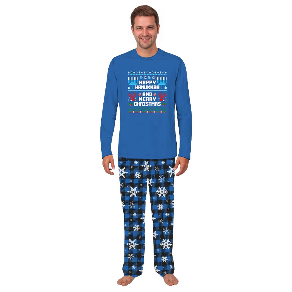 Blue Happy Hanukkah and Merry Christmas Quote Plus Size Family Pjs