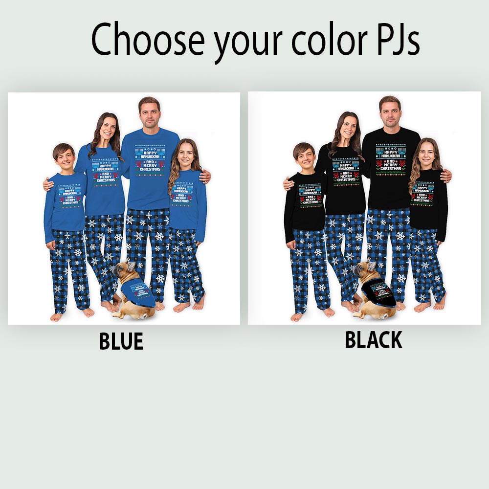 Blue Happy Hanukkah and Merry Christmas Quote Plus Size Family Pjs