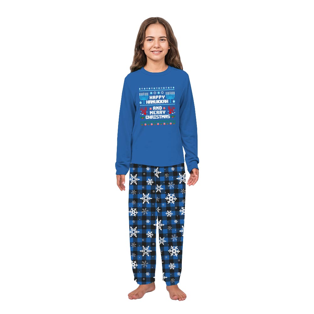 Blue Happy Hanukkah and Merry Christmas Quote Plus Size Family Pjs