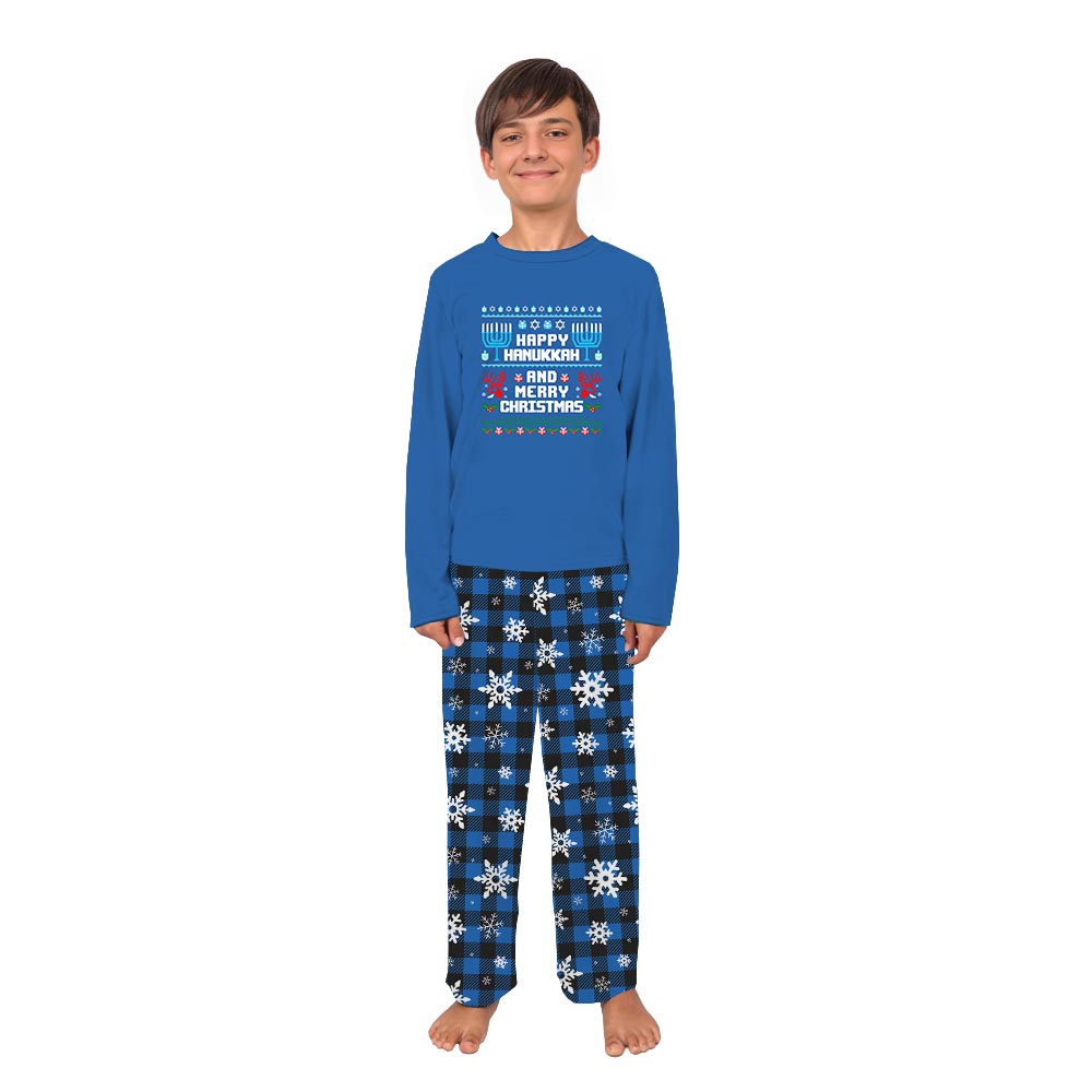 Blue Happy Hanukkah and Merry Christmas Quote Plus Size Family Pjs