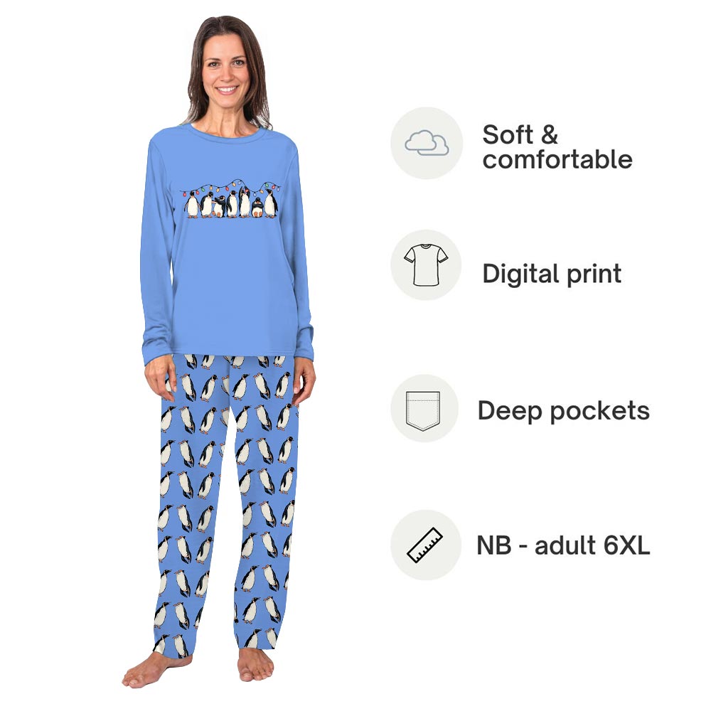 Blue Penguin with Xmas Lights Christmas Pajamas Dog And Owner