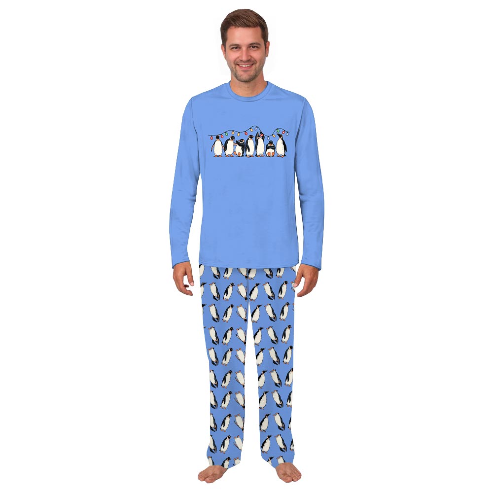 Blue Penguin with Xmas Lights Christmas Pajamas Dog And Owner
