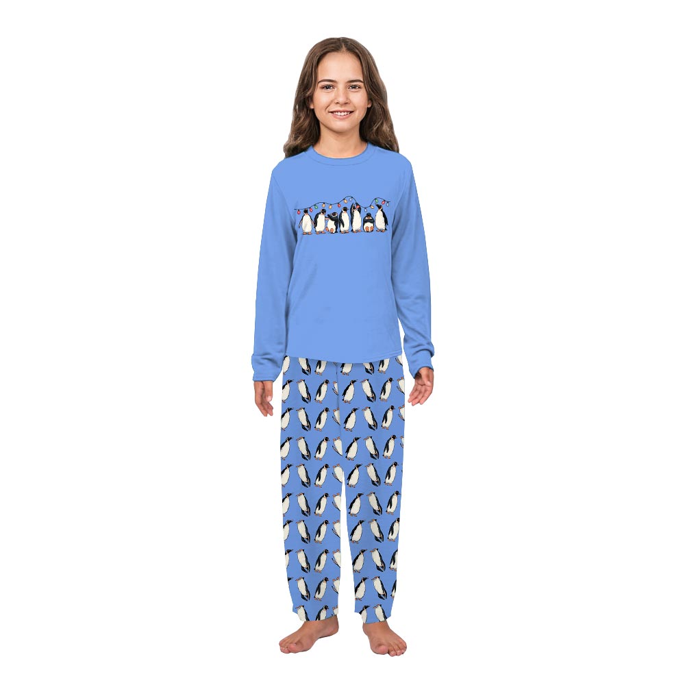 Blue Penguin with Xmas Lights Christmas Pajamas Dog And Owner