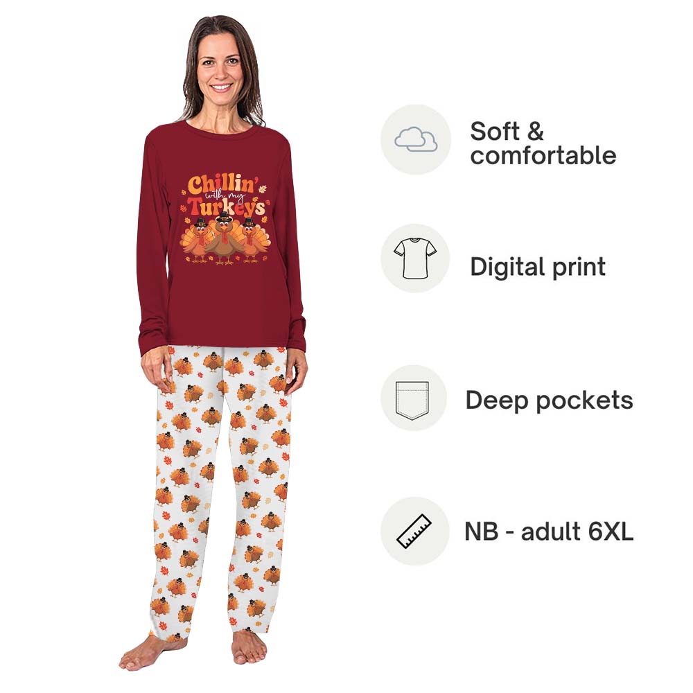 Chillin With My Turkey Matching Family Thanksgiving Pajamas With Plus Size