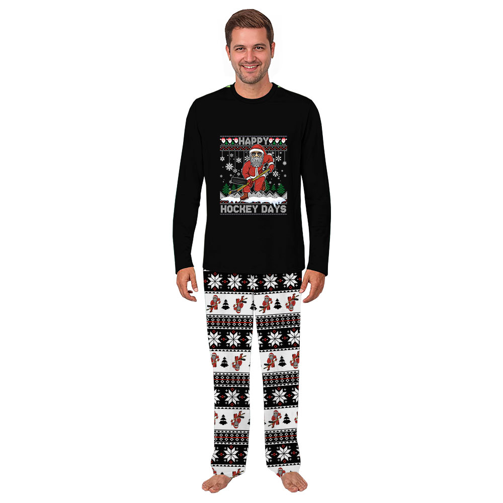 Santa Playing Hockey Ugly Christmas Pajamas Matching With Dog