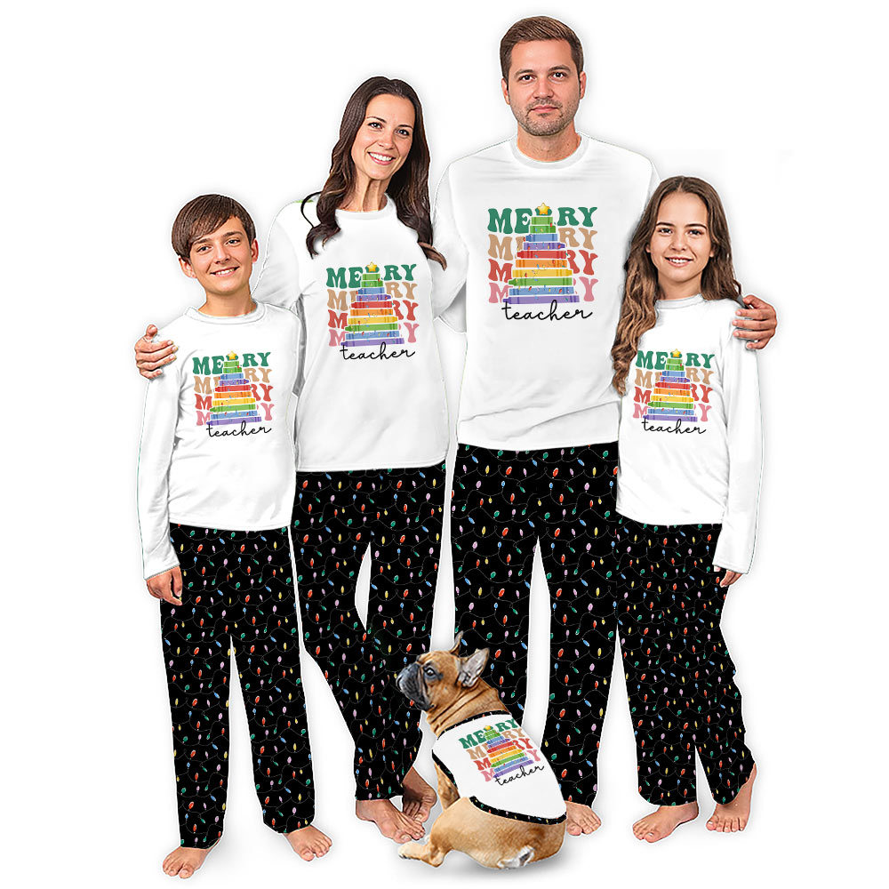 Merry Teacher Christmas Pajamas Matching Family and Dog Merry Teacher Christmas Pajamas Matching Family and Dog