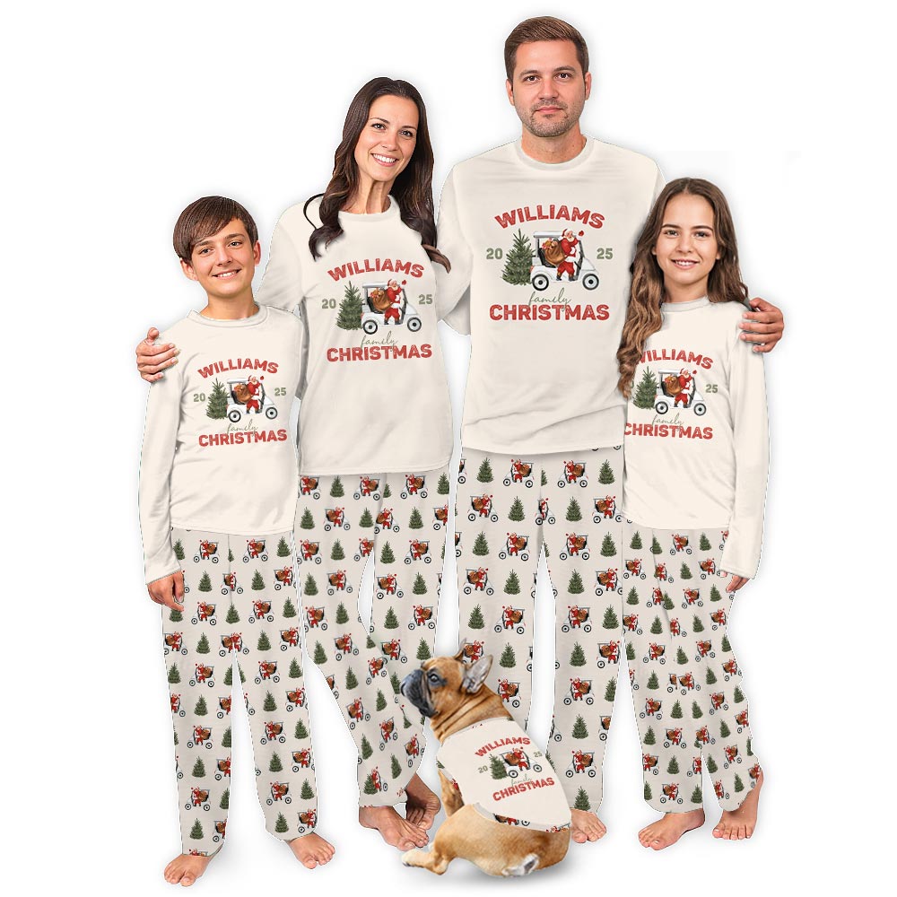 Custom Family Name Christmas Golf Pajamas with Dog Custom Family Name Christmas Golf Pajamas with Dog