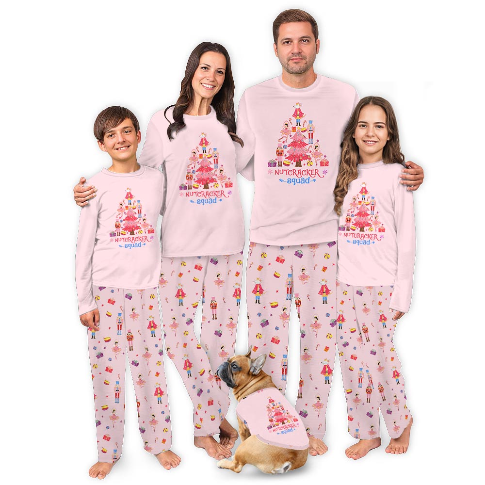 Pink Nutcracker Squad Christmas Tree Matching PJs With Dog Pink Nutcracker Squad Christmas Tree Matching PJs With Dog