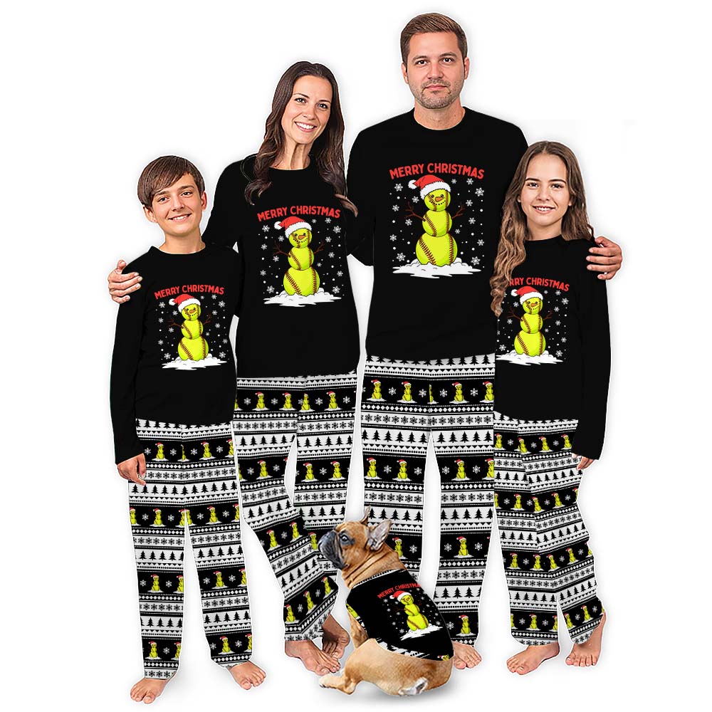 Softball Snowman Ugly Family Christmas Pajamas With Pockets Softball Snowman Ugly Family Christmas Pajamas With Pockets