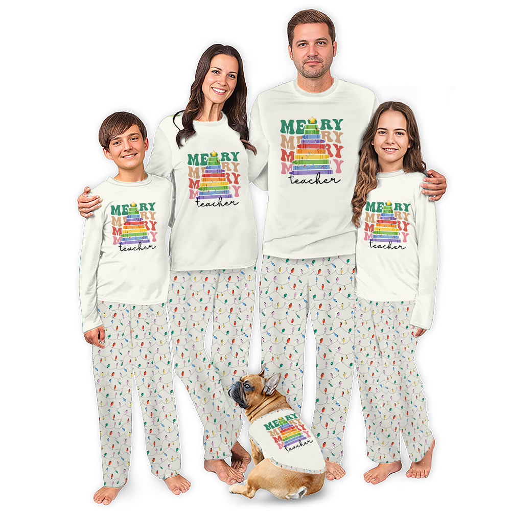 Merry Teacher Christmas Pajamas Matching Family and Dog Merry Teacher Christmas Pajamas Matching Family and Dog