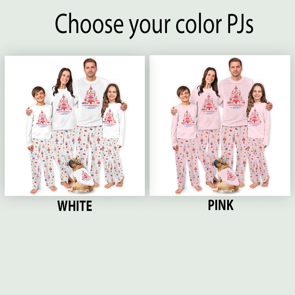 Pink Nutcracker Squad Christmas Tree Matching PJs With Dog Pink Nutcracker Squad Christmas Tree Matching PJs With Dog