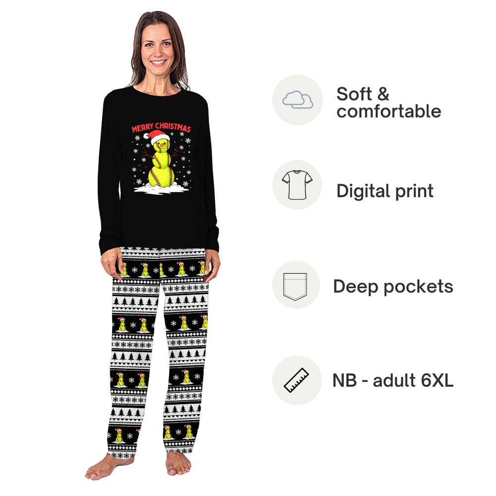 Softball Snowman Ugly Family Christmas Pajamas With Pockets Softball Snowman Ugly Family Christmas Pajamas With Pockets