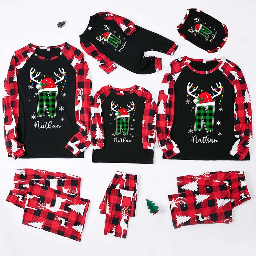 Easy Customizable Family Christmas Pajamas With Green Initials Easy Customizable Family Christmas Pajamas With Green Initials