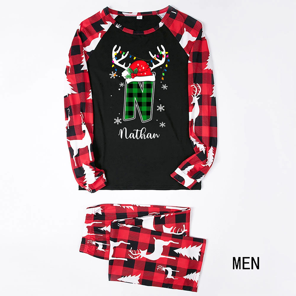 Easy Customizable Family Christmas Pajamas With Green Initials Easy Customizable Family Christmas Pajamas With Green Initials