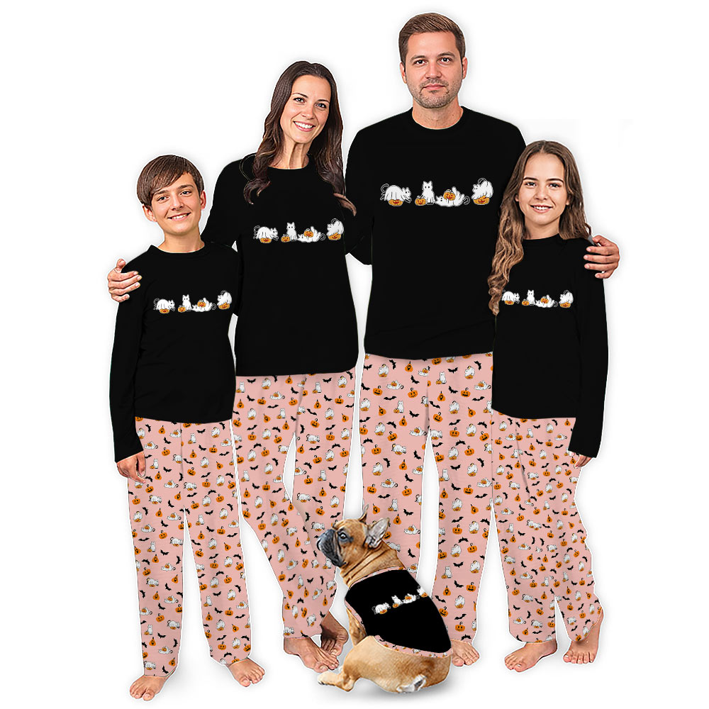 Ghost Black Cat and Pumpkin Halloween Pajamas Matching Family Ghost Black Cat and Pumpkin Halloween Pajamas Matching Family