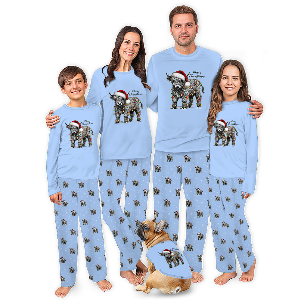 Funny Highland Cow Family Christmas Pajamas Blue Funny Highland Cow Family Christmas Pajamas Blue