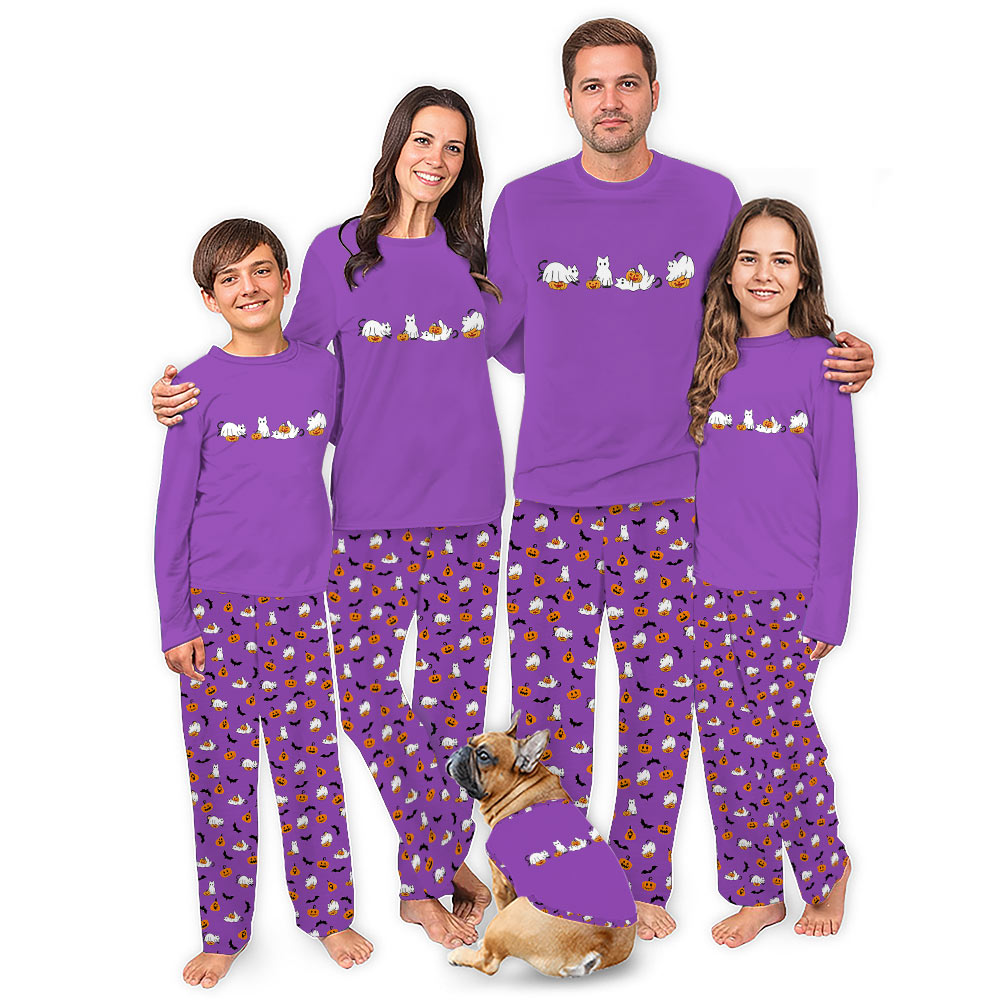 Ghost Black Cat and Pumpkin Halloween Pajamas Matching Family Ghost Black Cat and Pumpkin Halloween Pajamas Matching Family