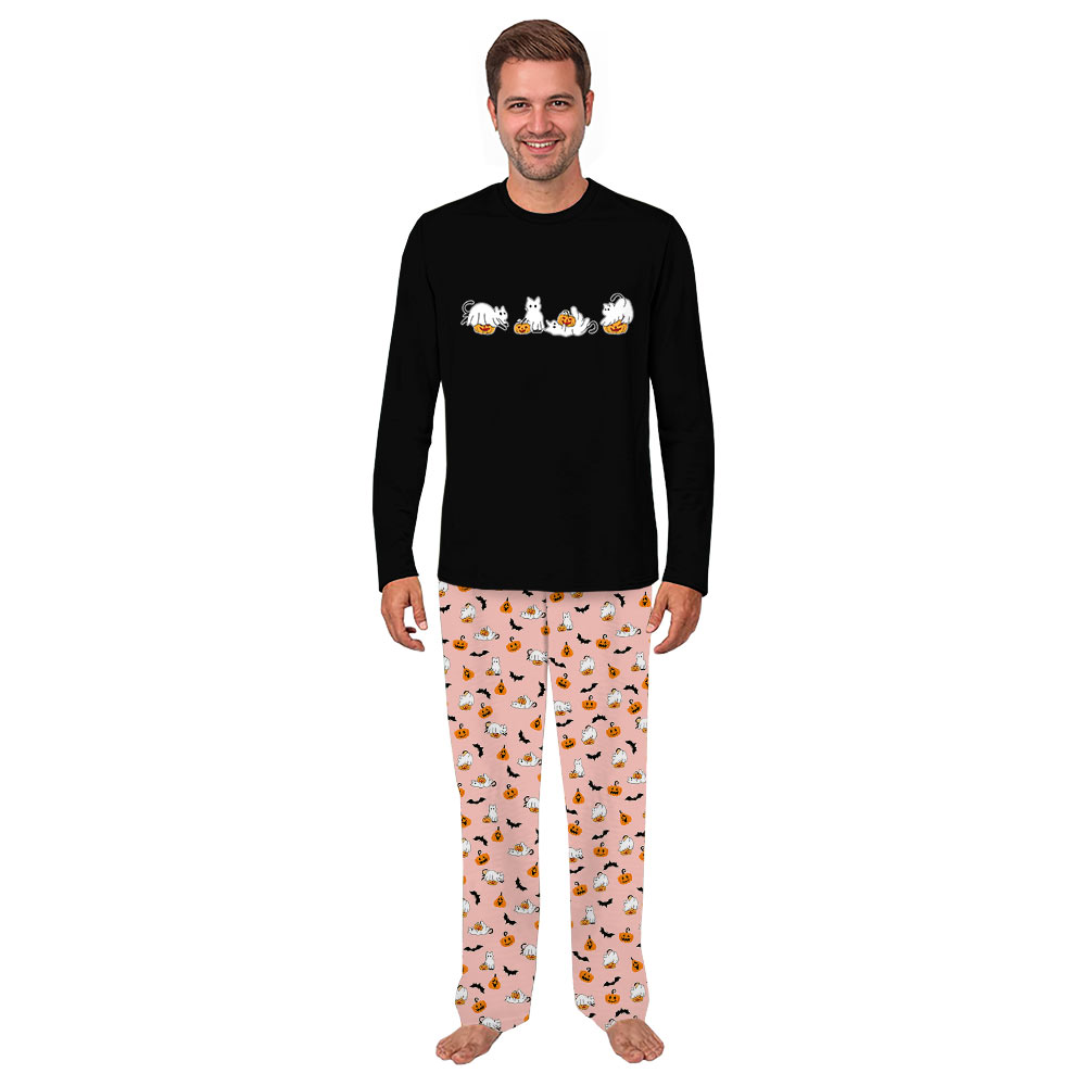 Ghost Black Cat and Pumpkin Halloween Pajamas Matching Family Ghost Black Cat and Pumpkin Halloween Pajamas Matching Family