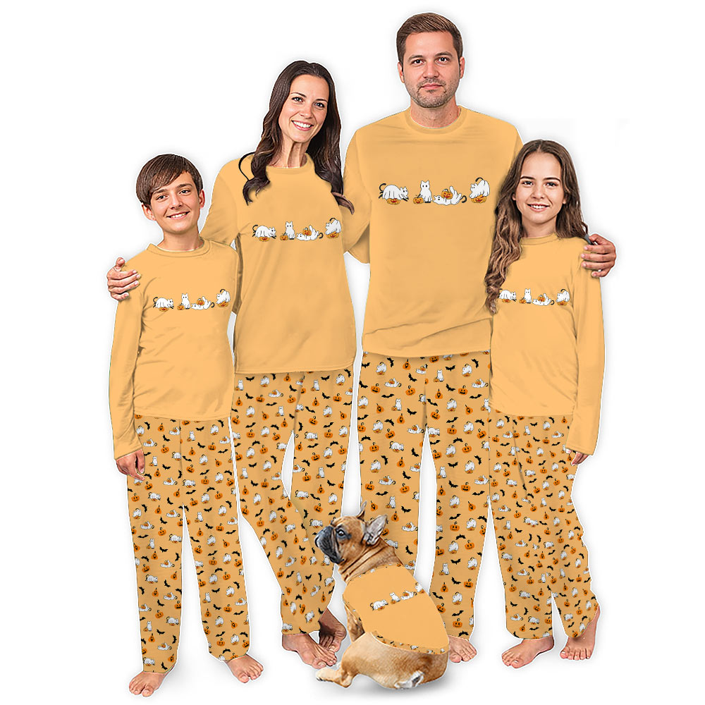 Ghost Black Cat and Pumpkin Halloween Pajamas Matching Family Ghost Black Cat and Pumpkin Halloween Pajamas Matching Family