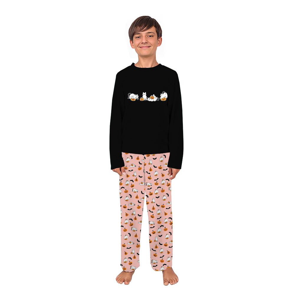 Ghost Black Cat and Pumpkin Halloween Pajamas Matching Family Ghost Black Cat and Pumpkin Halloween Pajamas Matching Family