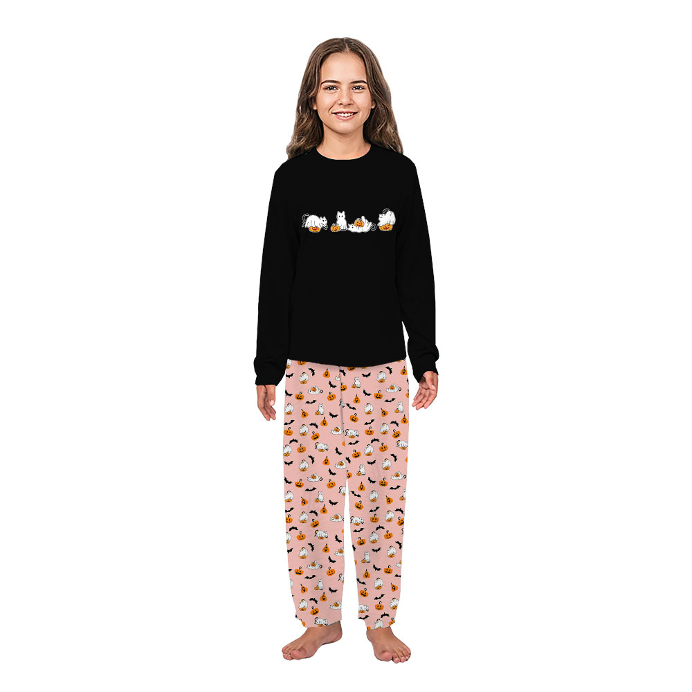 Ghost Black Cat and Pumpkin Halloween Pajamas Matching Family Ghost Black Cat and Pumpkin Halloween Pajamas Matching Family