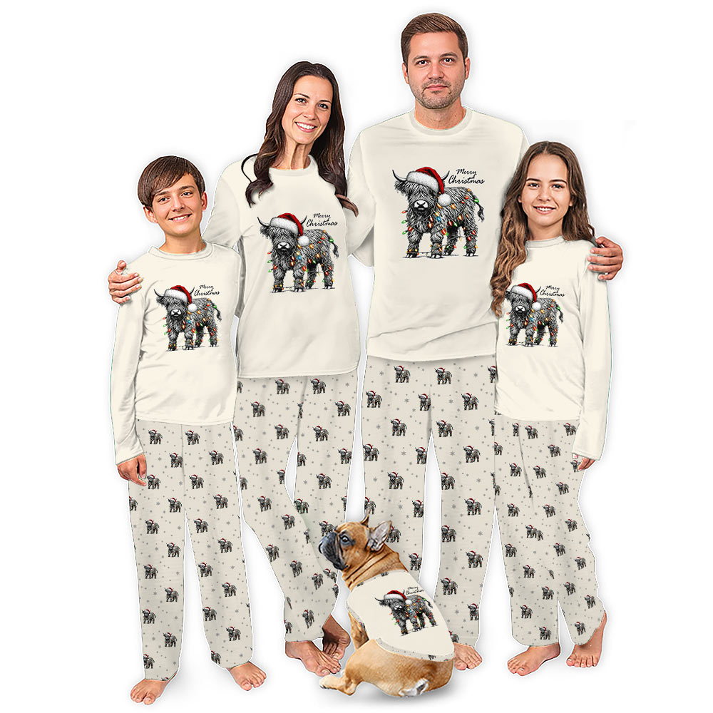 Funny Highland Cow Family Christmas Pajamas Blue Funny Highland Cow Family Christmas Pajamas Blue