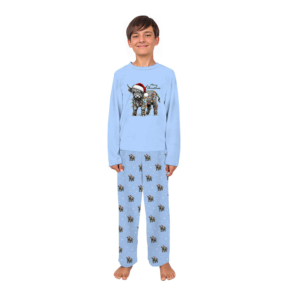 Funny Highland Cow Family Christmas Pajamas Blue Funny Highland Cow Family Christmas Pajamas Blue