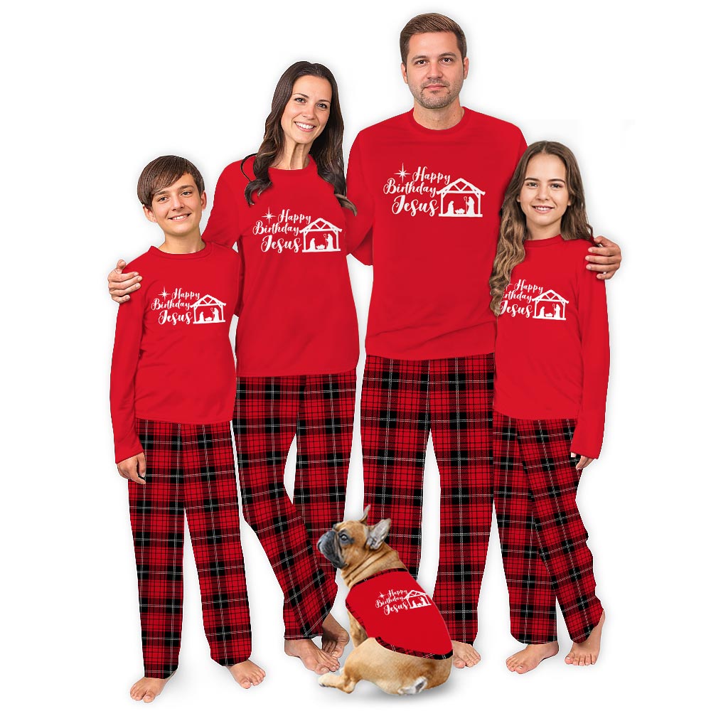 Red Religious Nativity Family Xmas PJs Plus Size with Plaid Pants Red Religious Nativity Family Xmas PJs Plus Size with Plaid Pants