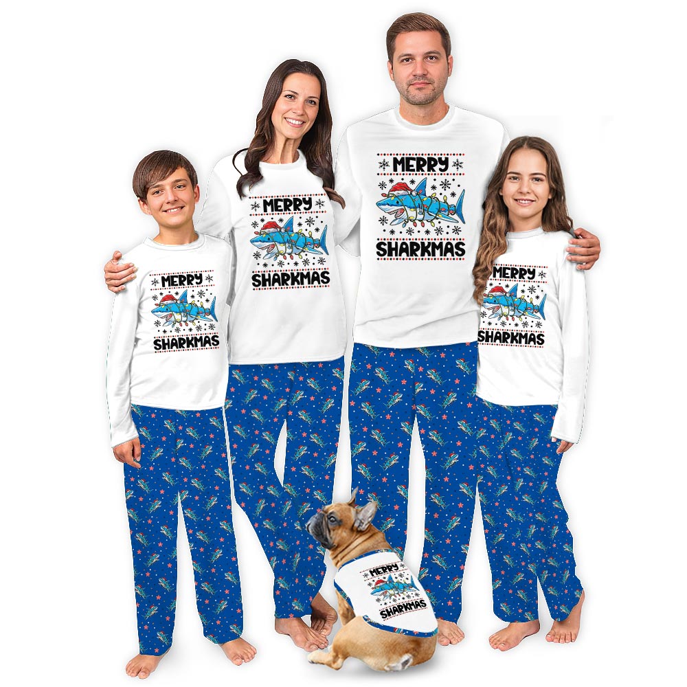 Funny and Blue Merry Sharkmas Family Christmas Jammies