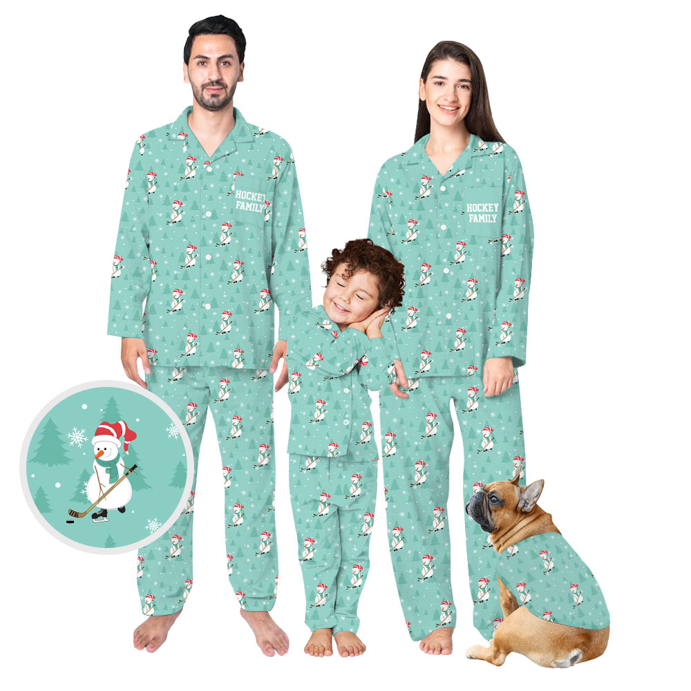 Hockey Snowman Custom Name Christmas Pajamas With Pockets In Turquoise Color Hockey Snowman Custom Name Christmas Pajamas With Pockets In Turquoise Color