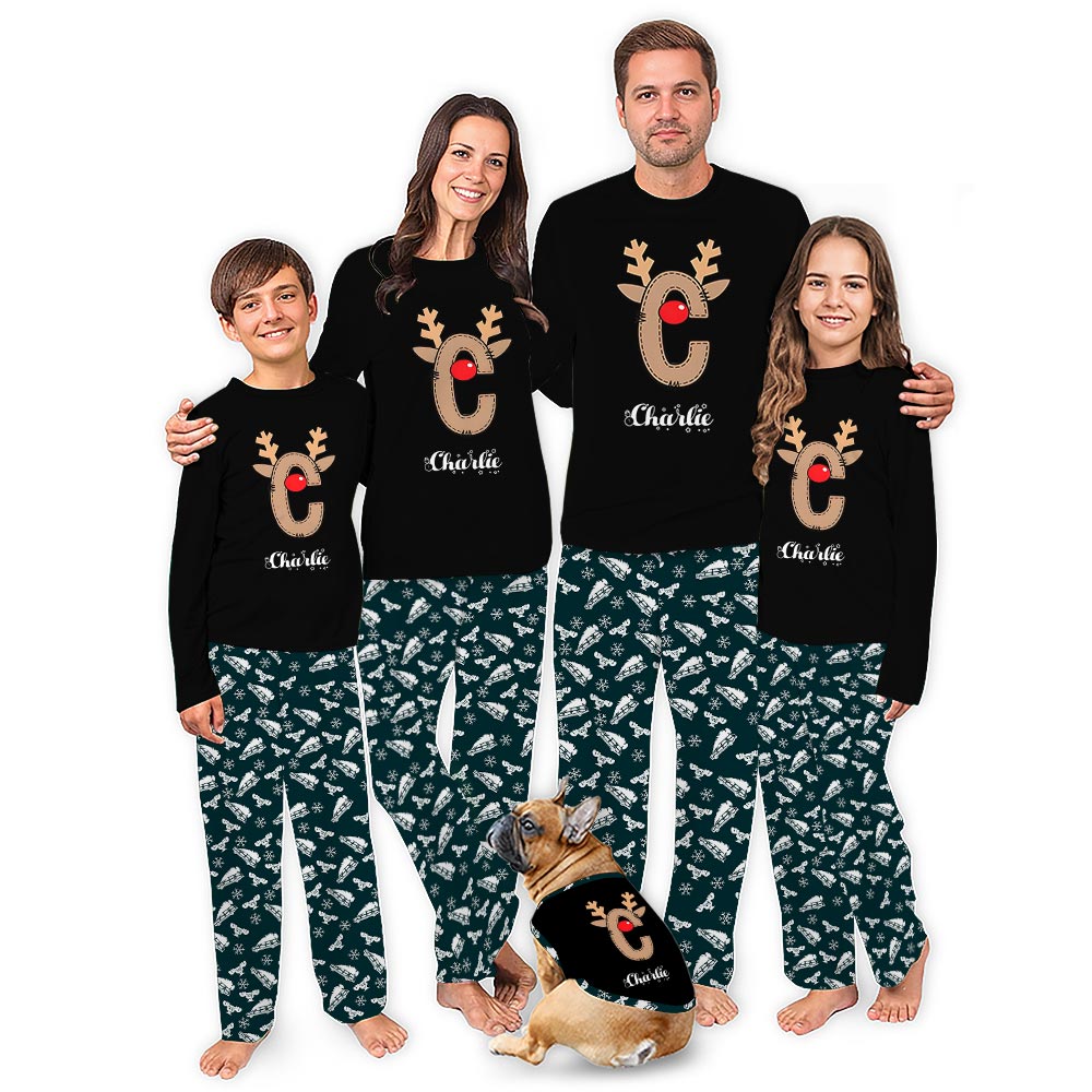Personalized Initial Reindeer Christmas Pajamas With Pockets Personalized Initial Reindeer Christmas Pajamas With Pockets