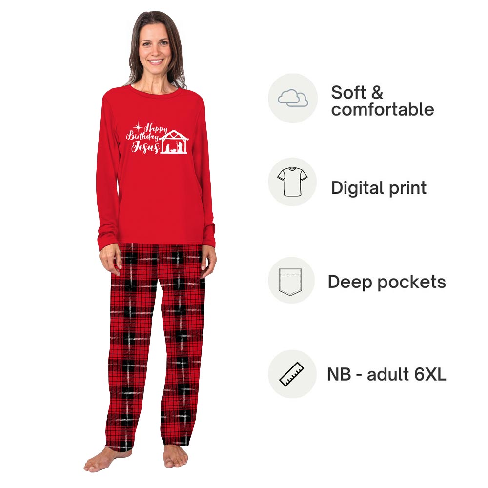 Red Religious Nativity Family Xmas PJs Plus Size with Plaid Pants Red Religious Nativity Family Xmas PJs Plus Size with Plaid Pants