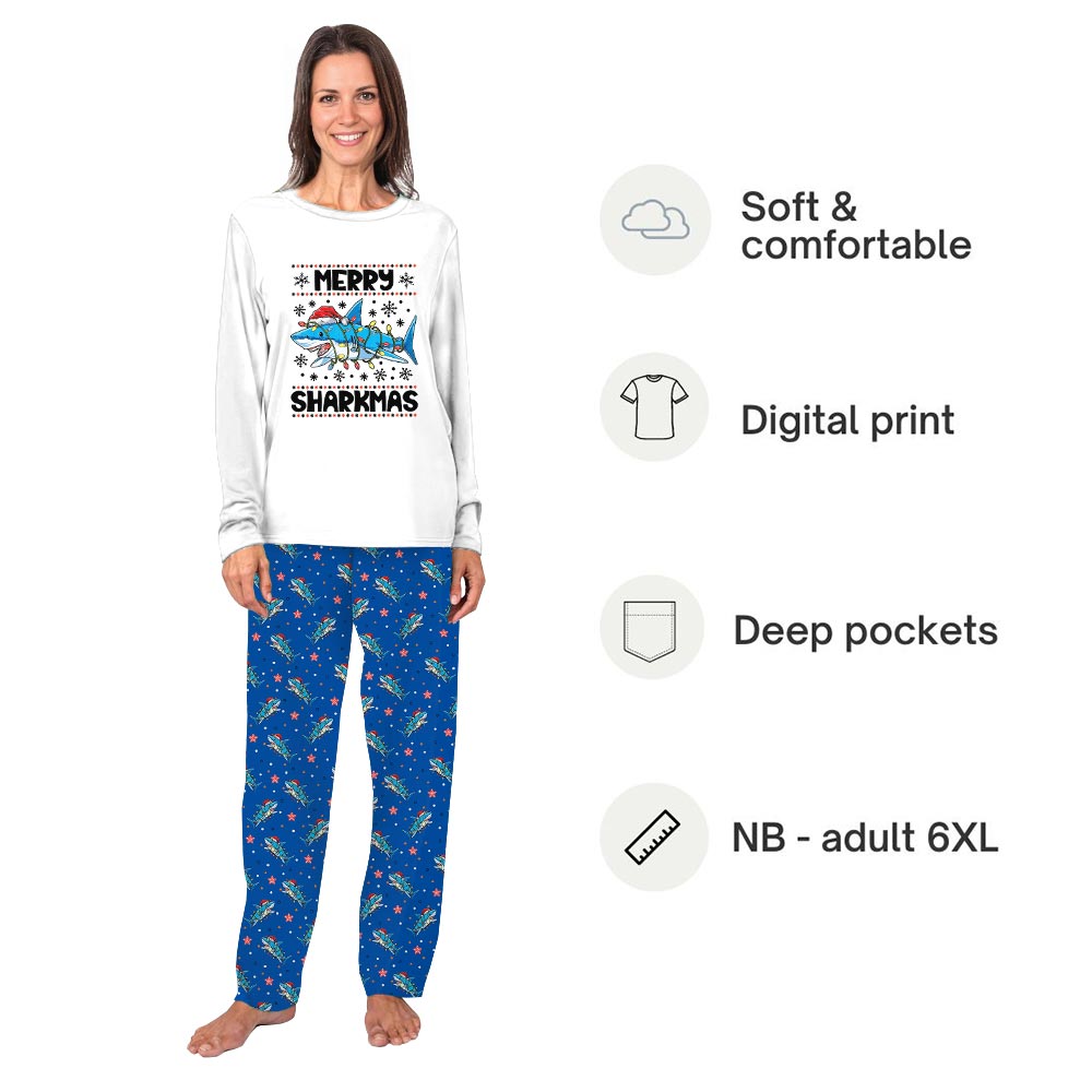 Funny and Blue Merry Sharkmas Family Christmas Jammies