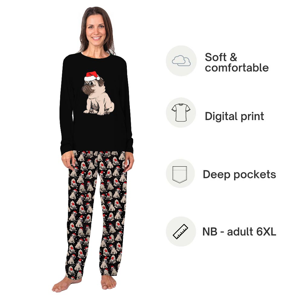 Pug Dog Plus Size Family Christmas Pajamas with Black Color Pug Dog Plus Size Family Christmas Pajamas with Black Color