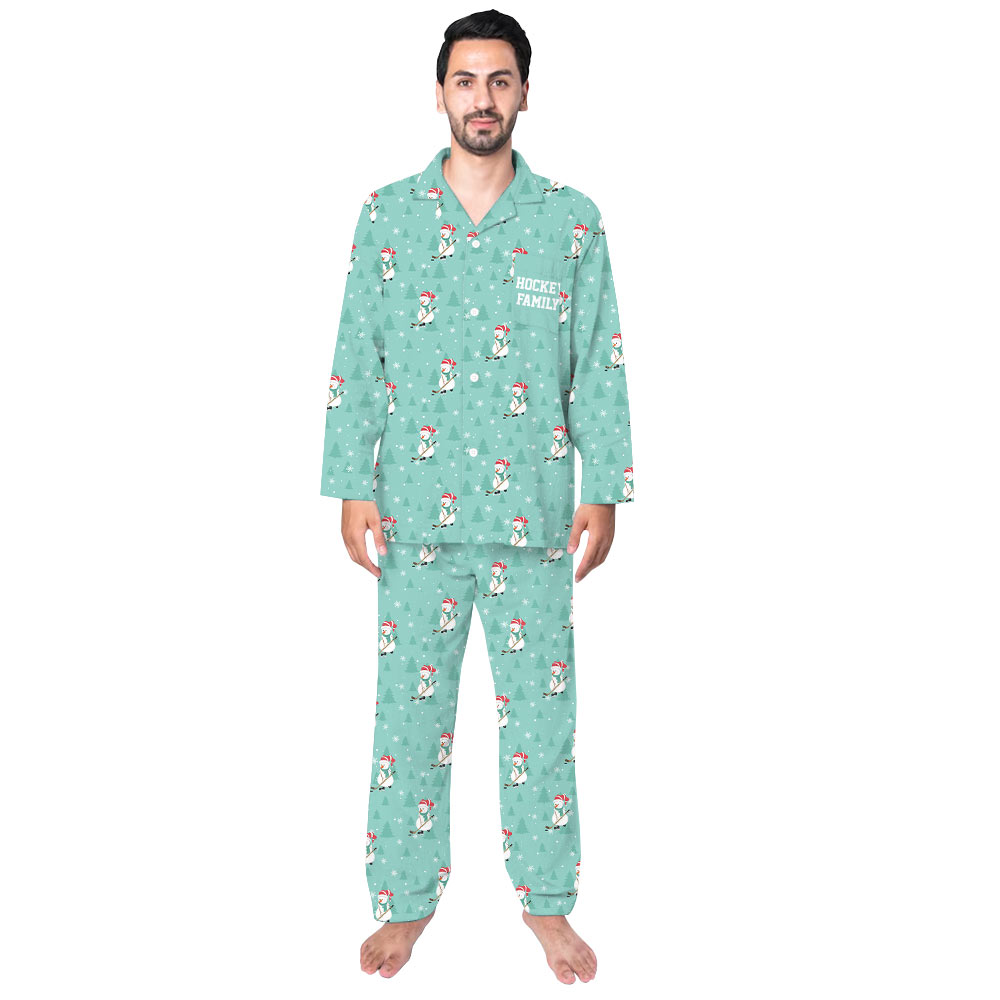 Hockey Snowman Custom Name Christmas Pajamas With Pockets In Turquoise Color Hockey Snowman Custom Name Christmas Pajamas With Pockets In Turquoise Color