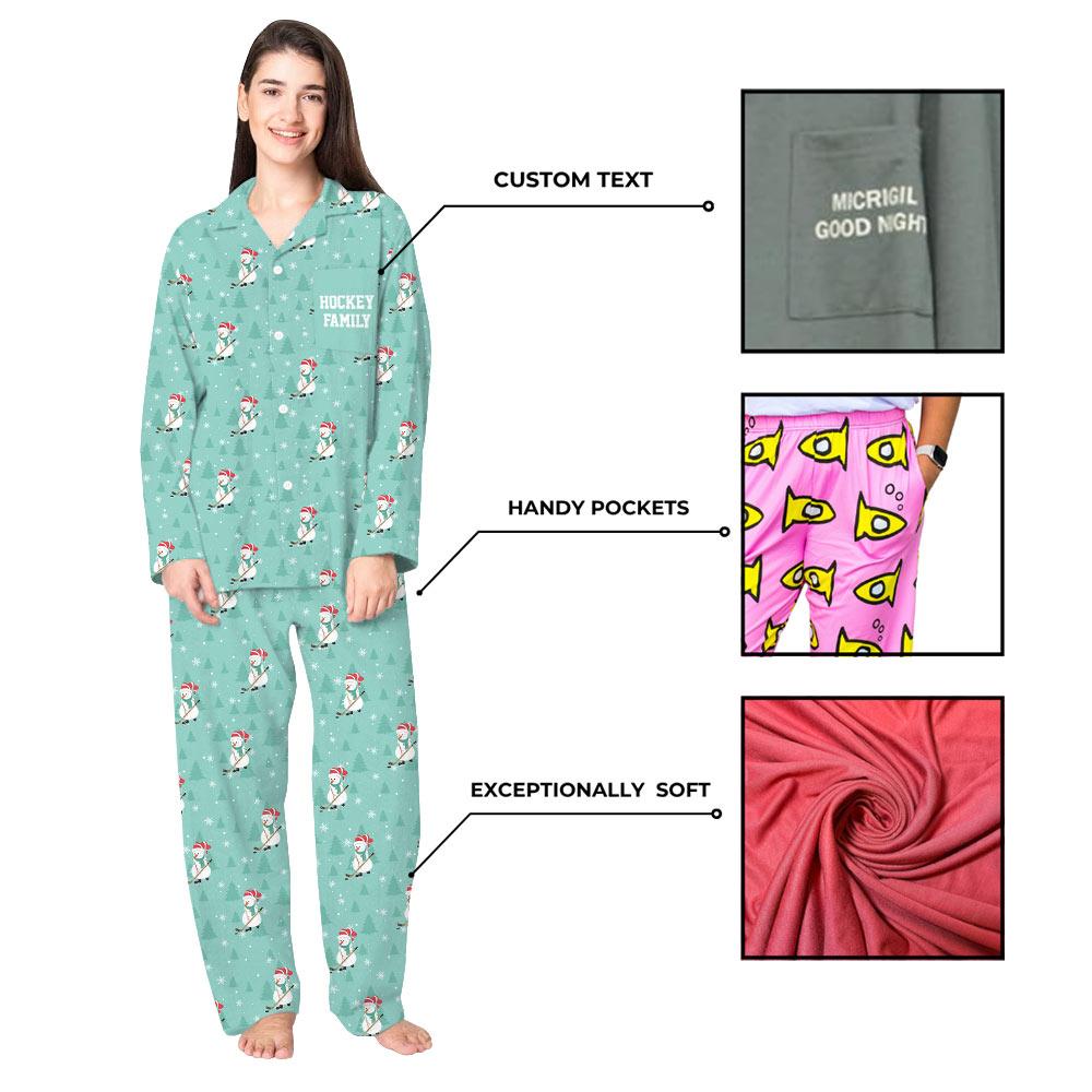 Hockey Snowman Custom Name Christmas Pajamas With Pockets In Turquoise Color Hockey Snowman Custom Name Christmas Pajamas With Pockets In Turquoise Color