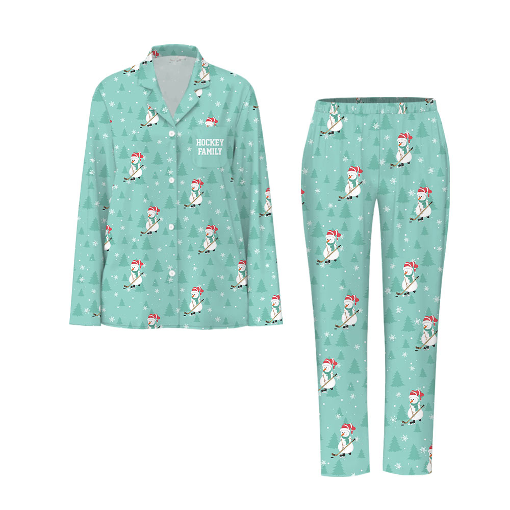 Hockey Snowman Custom Name Christmas Pajamas With Pockets In Turquoise Color Hockey Snowman Custom Name Christmas Pajamas With Pockets In Turquoise Color